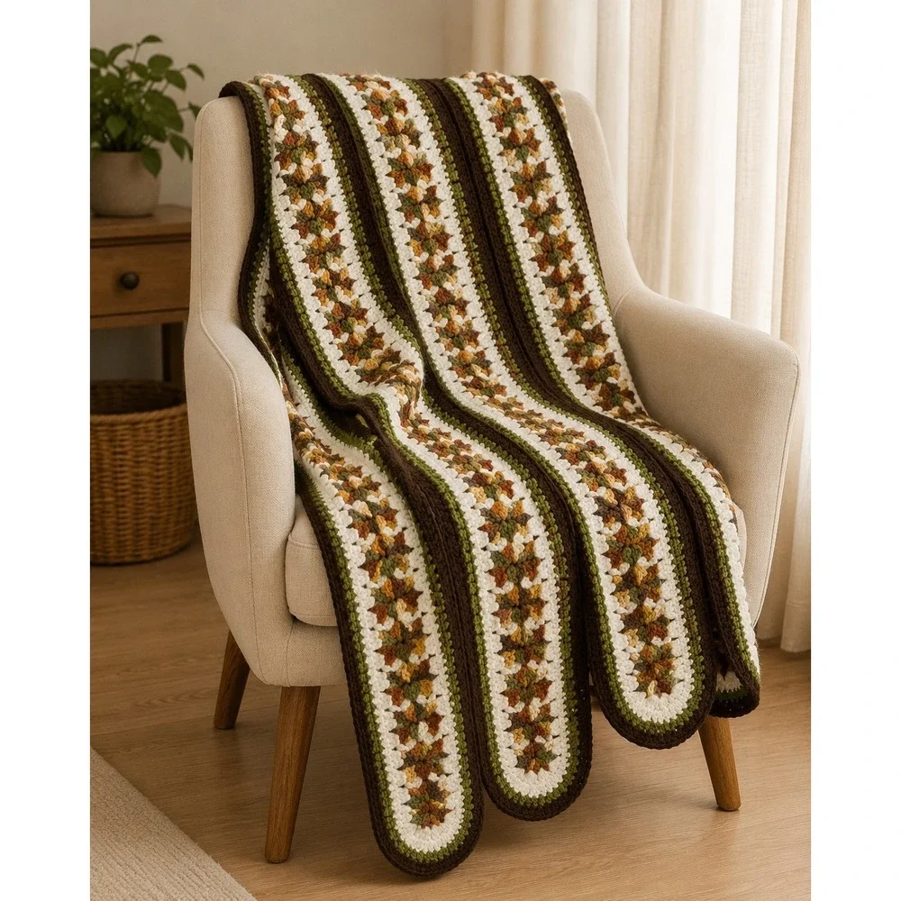 Vintage Handmade Crochet Blanket Earth Tones Cottagecore Boho 50x69 Afghan Throw